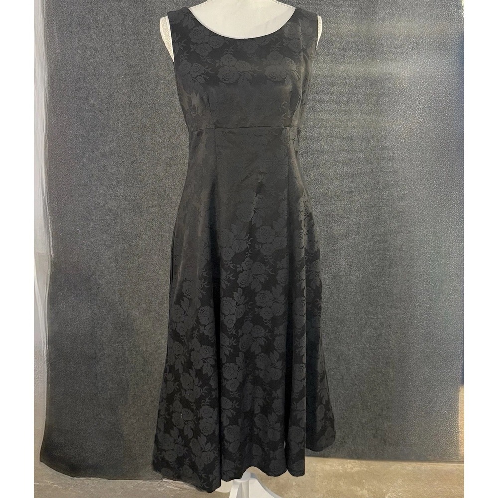 Vintage 90s Janz Originals Black Jacquard Fit Flare Dress USA Sz 10